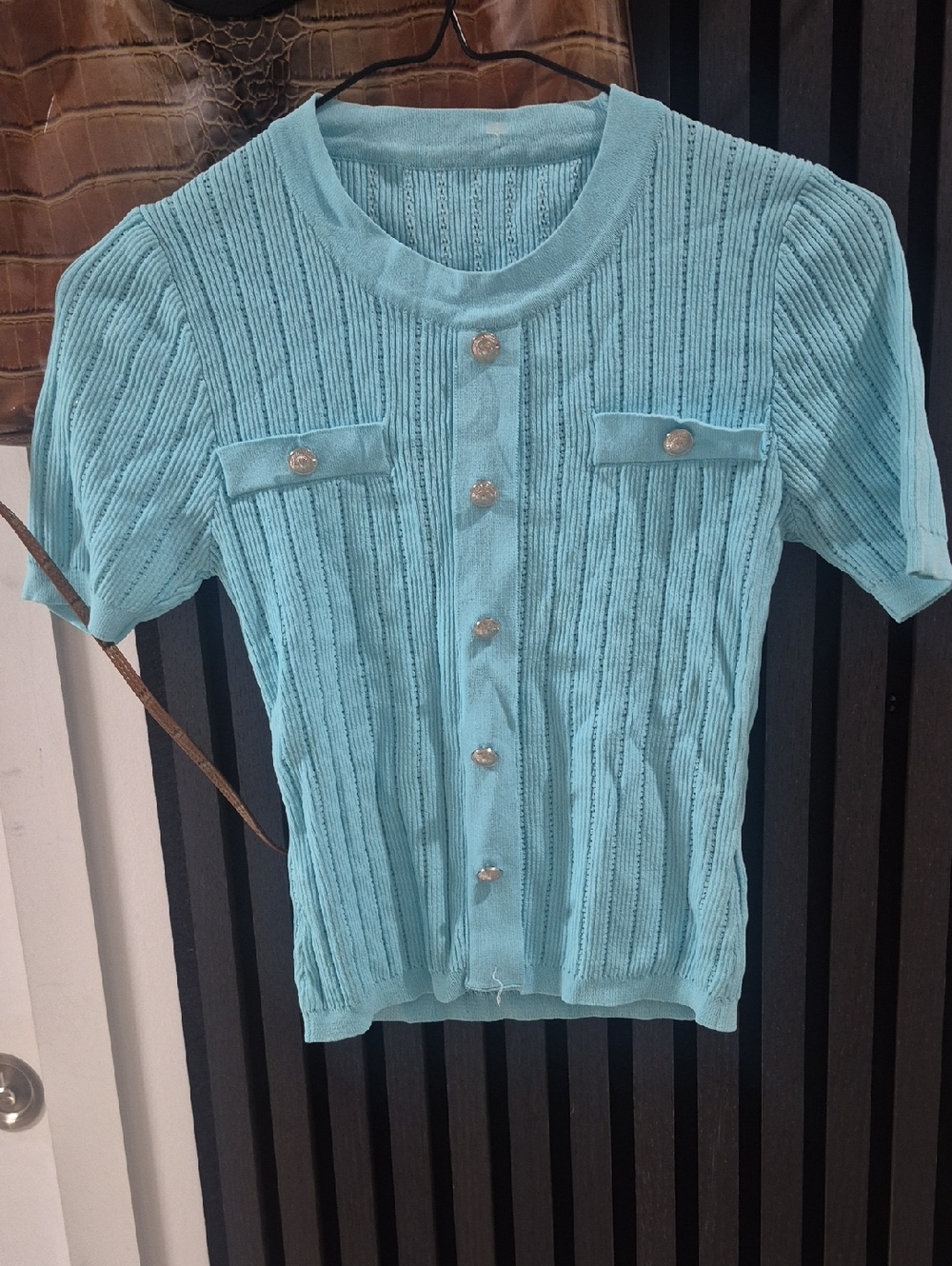 Short-Sleeve Knit Button Front Cardigan Top - Light Blue